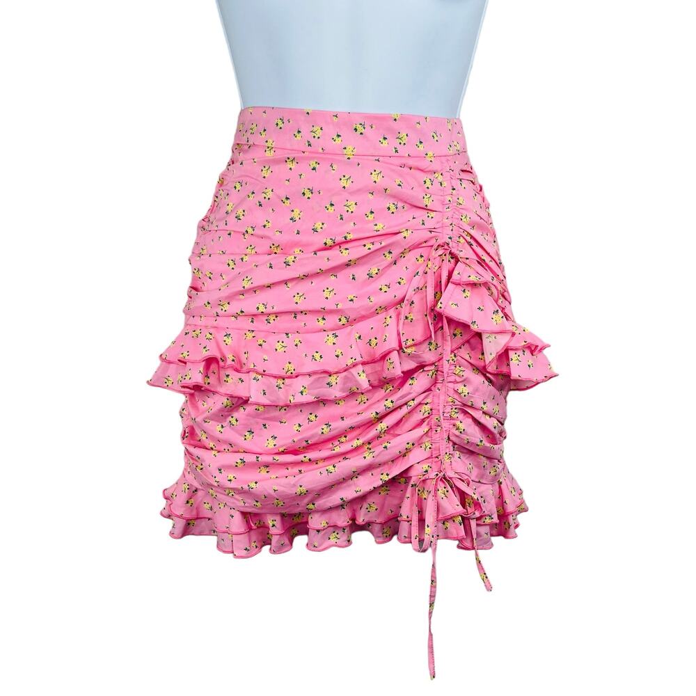 Tiger Mist Colorado Summer Pink Floral Print Ruched Ruffle Layered Mini Skirt XS